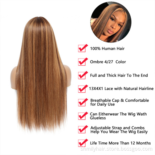 Shmily Highlight Piano 4/27 Straight 30 Inch Lace Closure Wig Ombre 13X4X1 Virgin Transparent HD Lace Front Human Hair Wigs